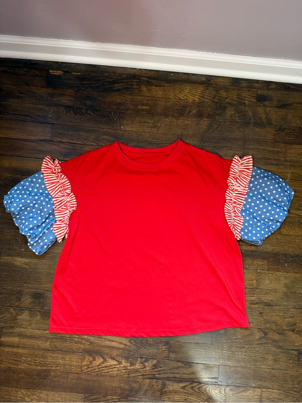 Amazon Red Top with Blue Star and Stripe Ruffle Sleeves - Picture 6 of 9